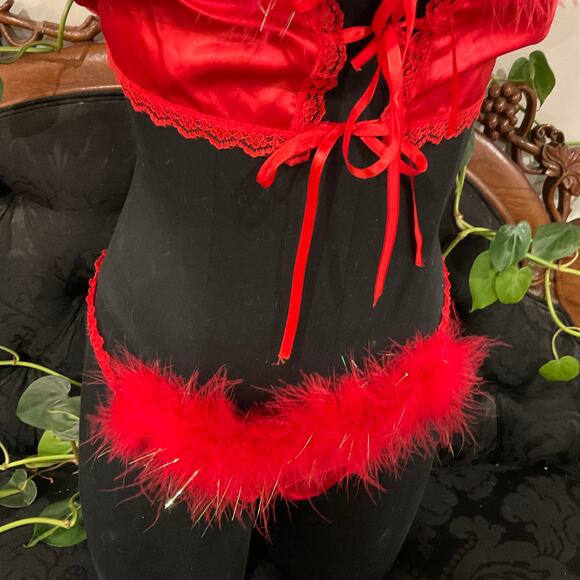 vintage Minor Creations Faux Fur Bra & panty Set mesh lingerie set One Size Red - Picture 3 of 5